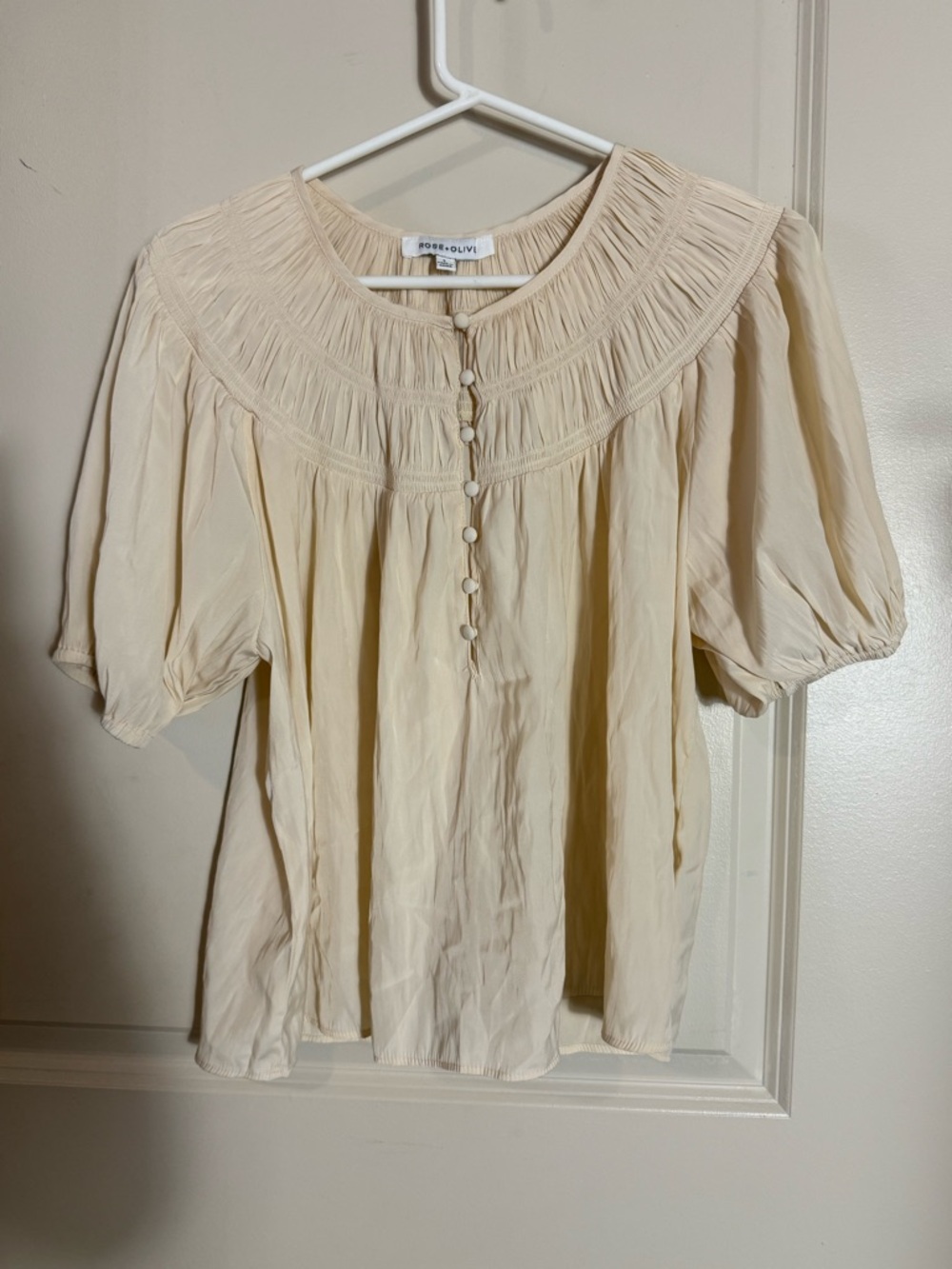 Rose & Olive Cream Smocked Yoke Button-Front Blouse